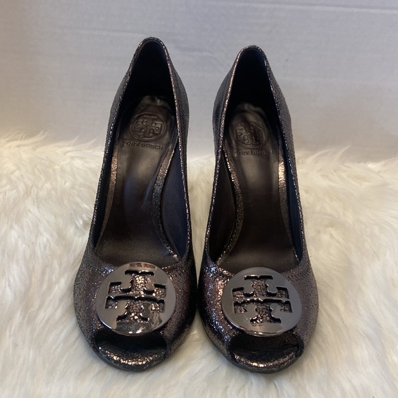 Tory Burch Julianne Peep Toe Dark Metallic Wedge Heels Size 8 - Picture 2 of 9